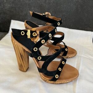 Casadei  Renna Bamboo Heeled Heel Platform Ankle Strap Sandal  Black Suede